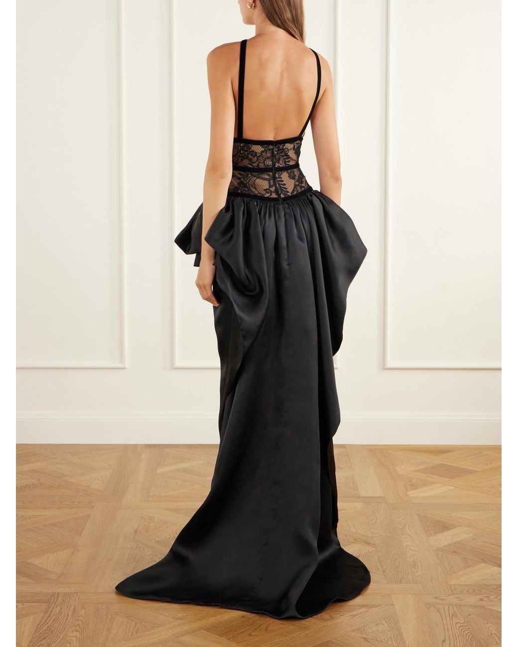 Elie Saab Black Peplum Trail-Hem Lace-Trimmed Silk-Blend Gown