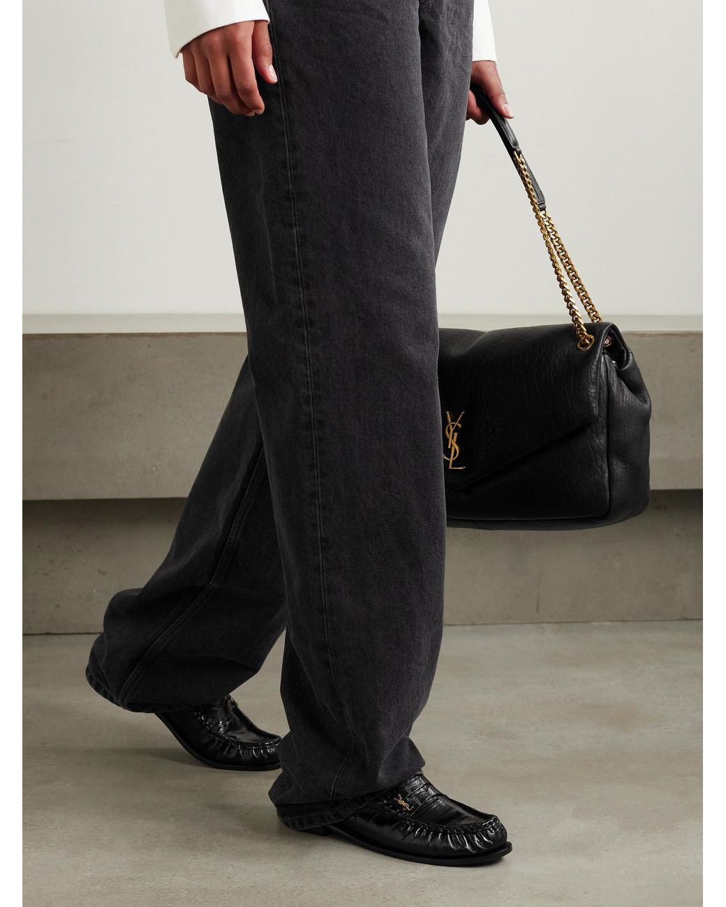 Saint Laurent Black Le Loafer Cassandre-Embellished Eel Loafers