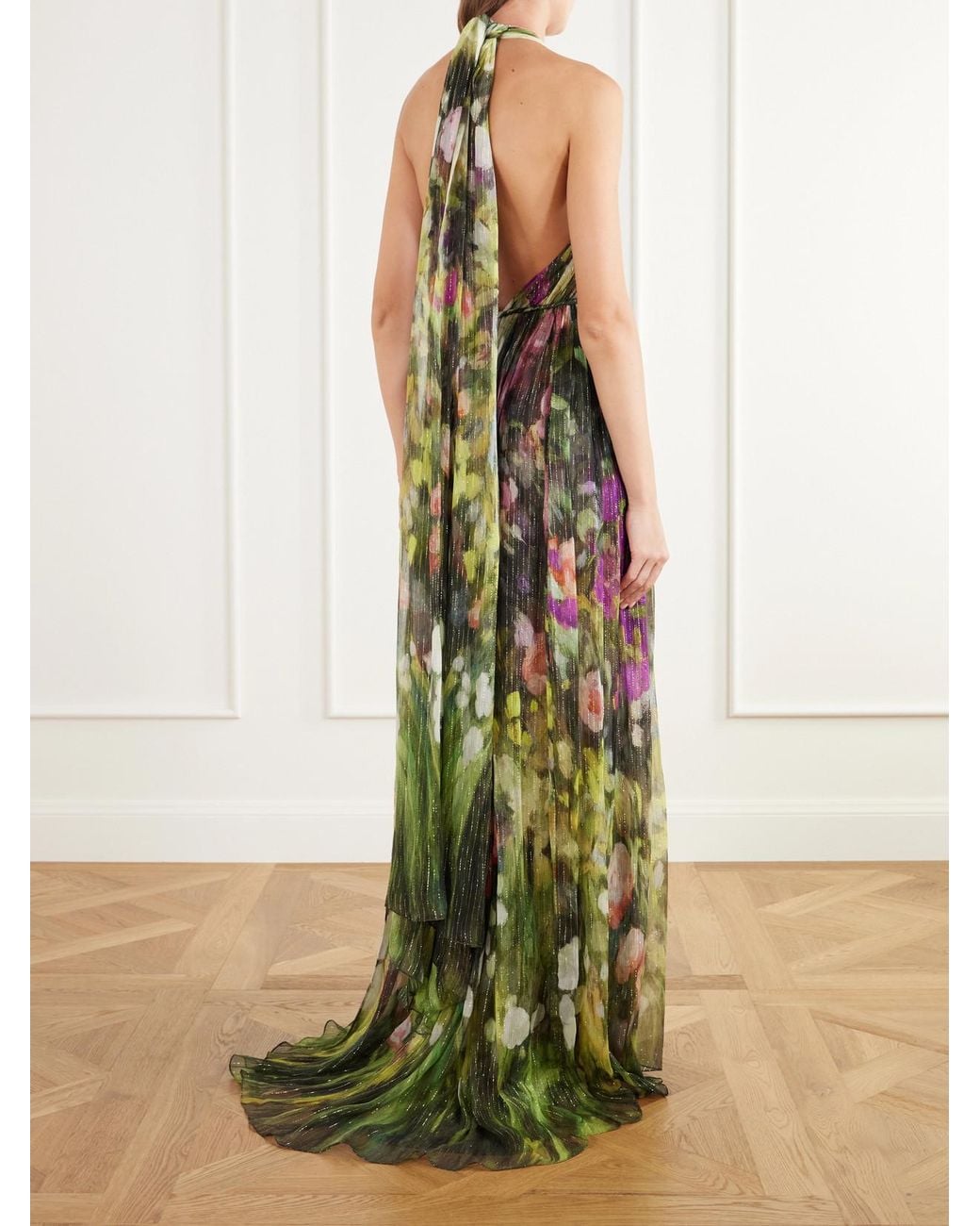 Oscar de la Renta White Belted Tie-Detailed Floral-Print Silk-Blend Chiffon Halterneck Gown