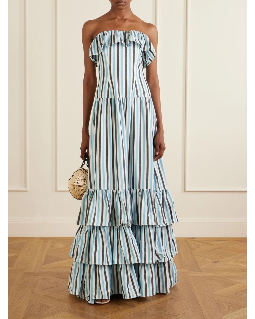 Marrakshi Life Blue Ruffled Striped Cotton Maxi Dress