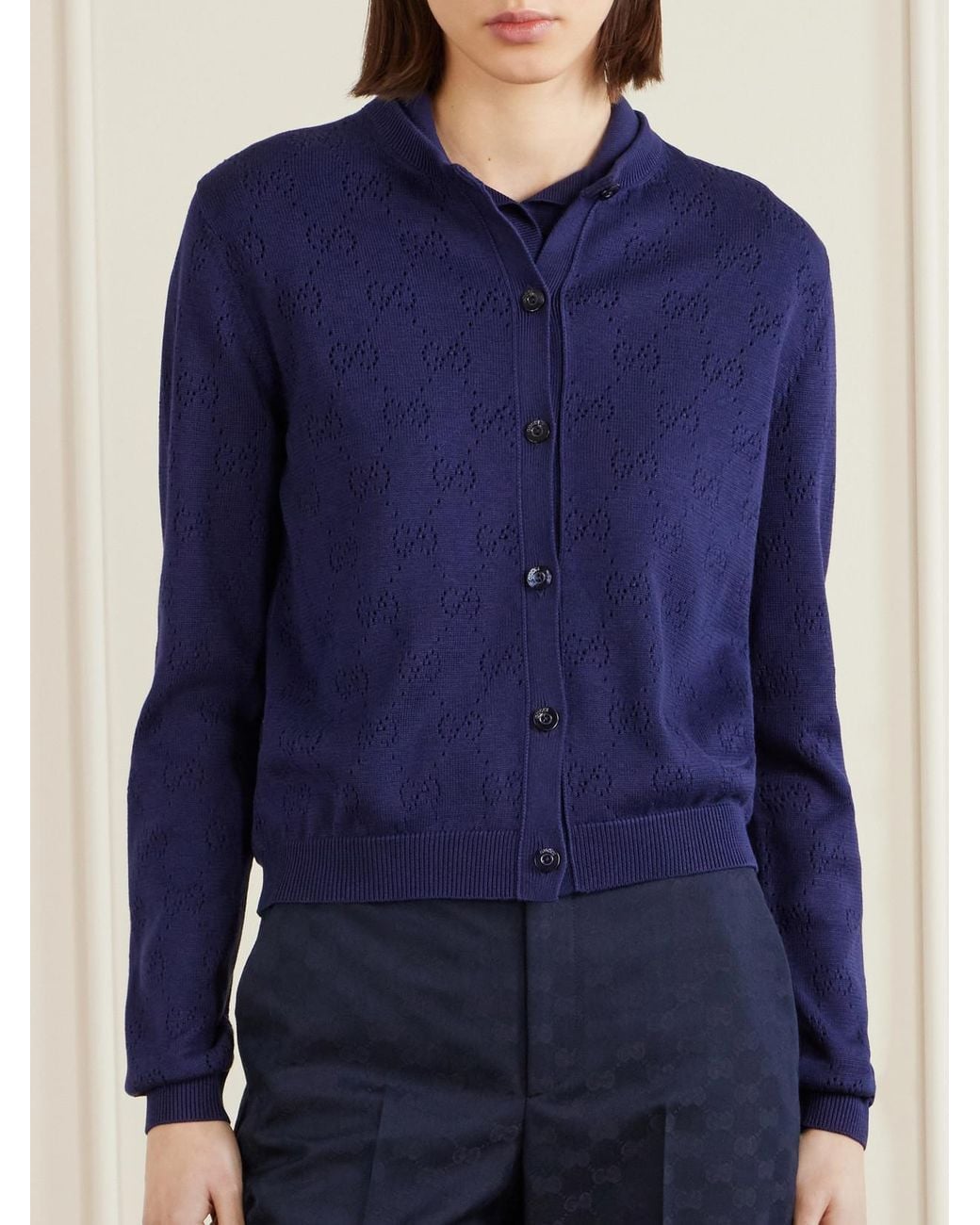 Gucci Blue Perforated Silk-Blend Cardigan