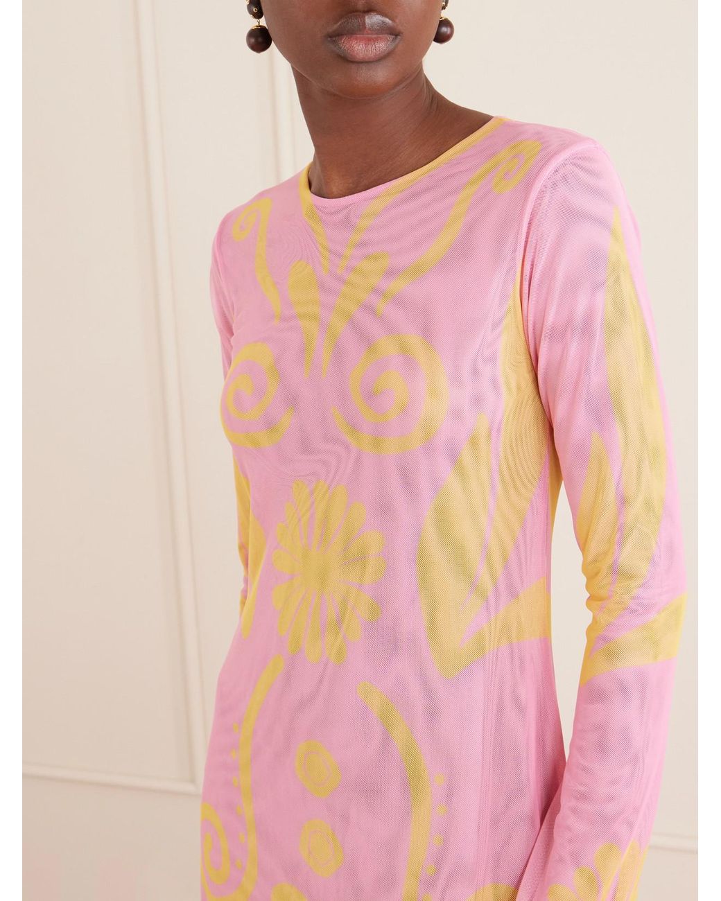 Cala De La Cruz Pink Tania Printed Mesh Maxi Dress