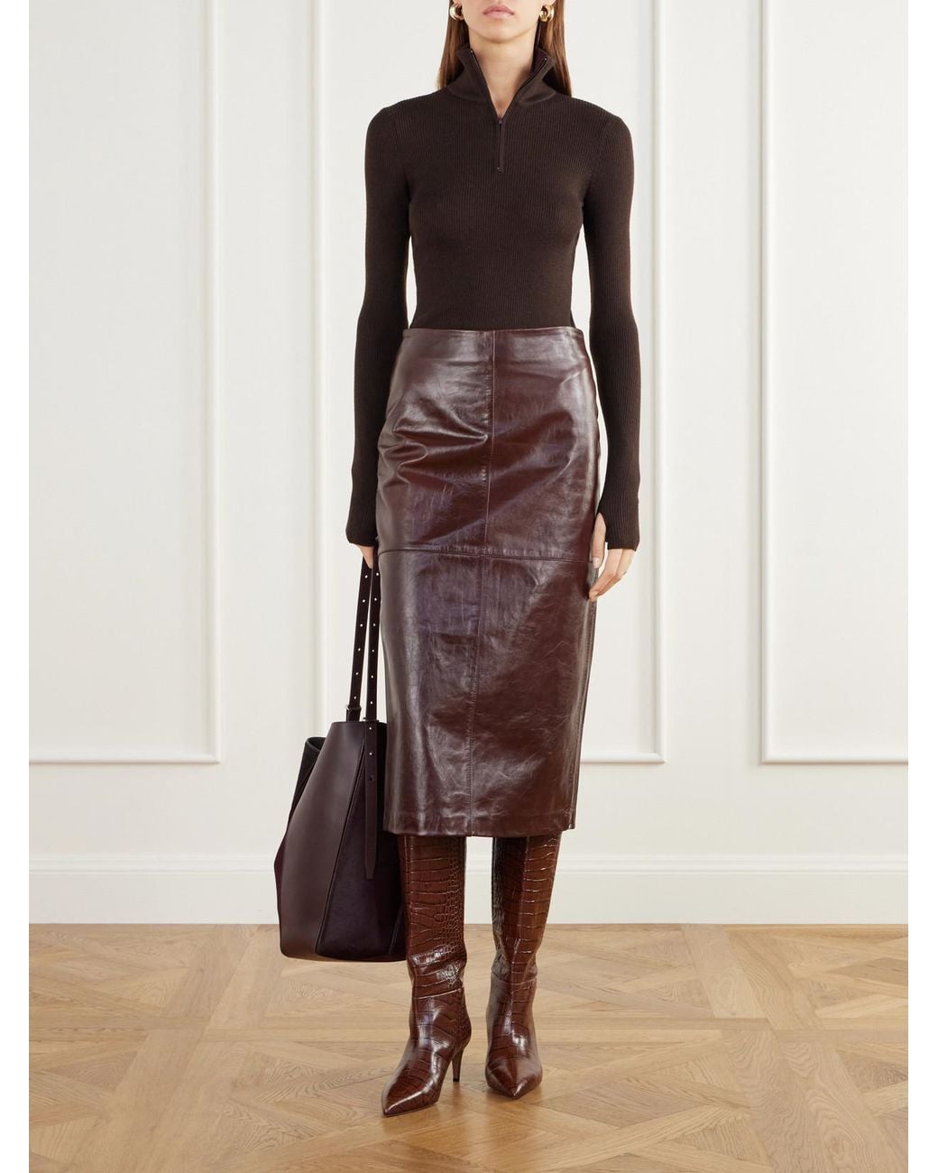 Sportmax Brown Lappole Paneled Glossed-Leather Midi Skirt