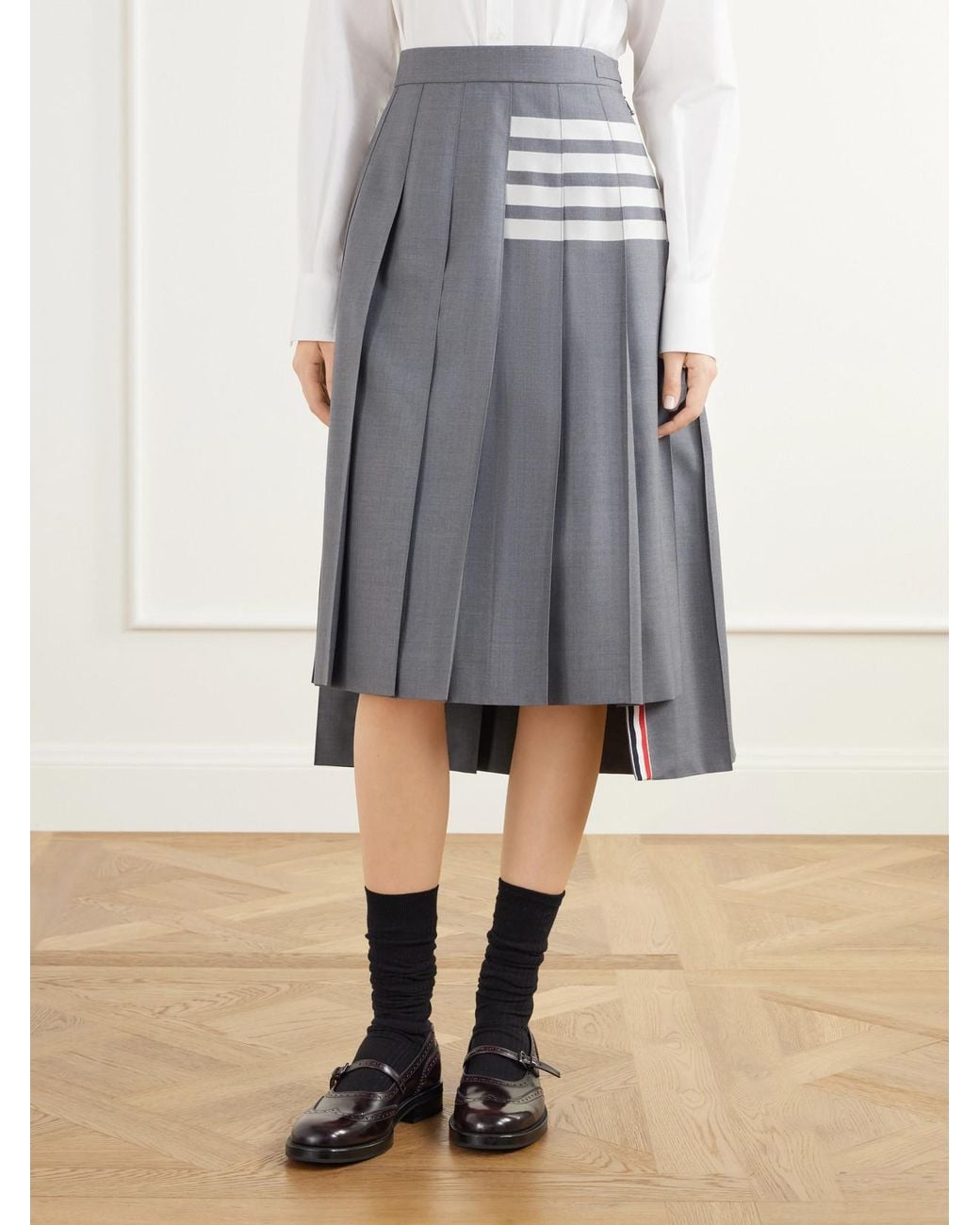 Thom Browne Blue Pleated 4-Bar Woven Wool Midi-Skirt