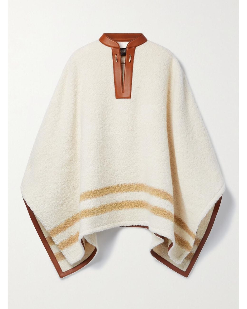 Loro Piana White Leather-Trimmed Striped Alpaca-Blend Bouclé Poncho