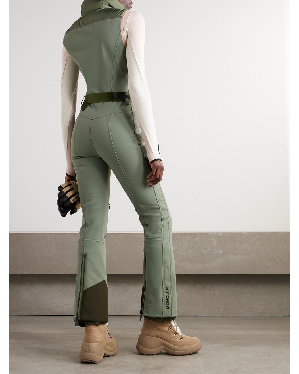 Moncler Green Belted Paneled Quilted Down Ski Suit