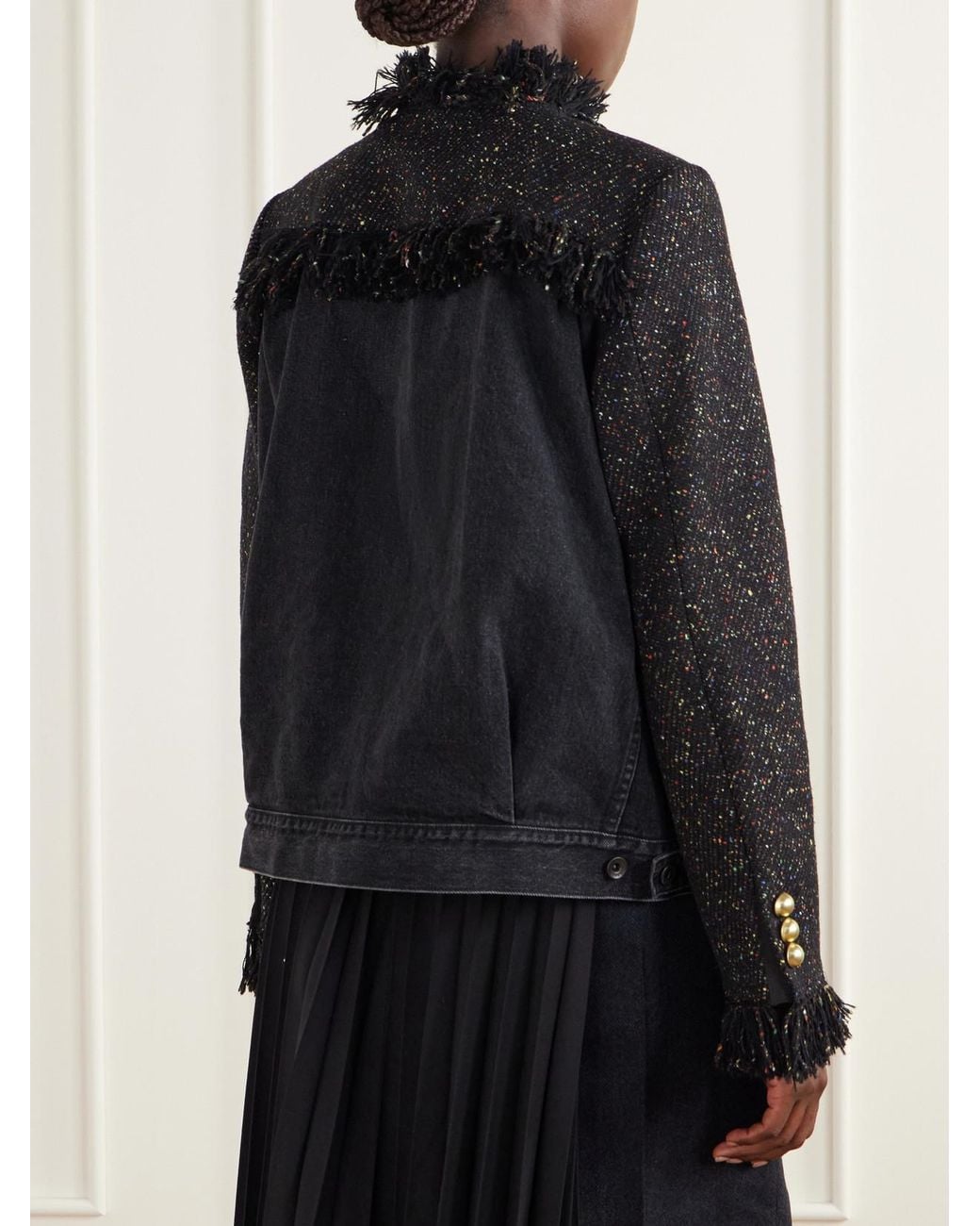Sacai Black Wool-Blend Tweed Bouclé And Denim Jacket