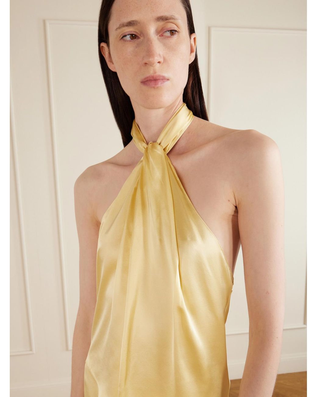 Aflalo Yellow Safira Silk-Satin Halterneck Top
