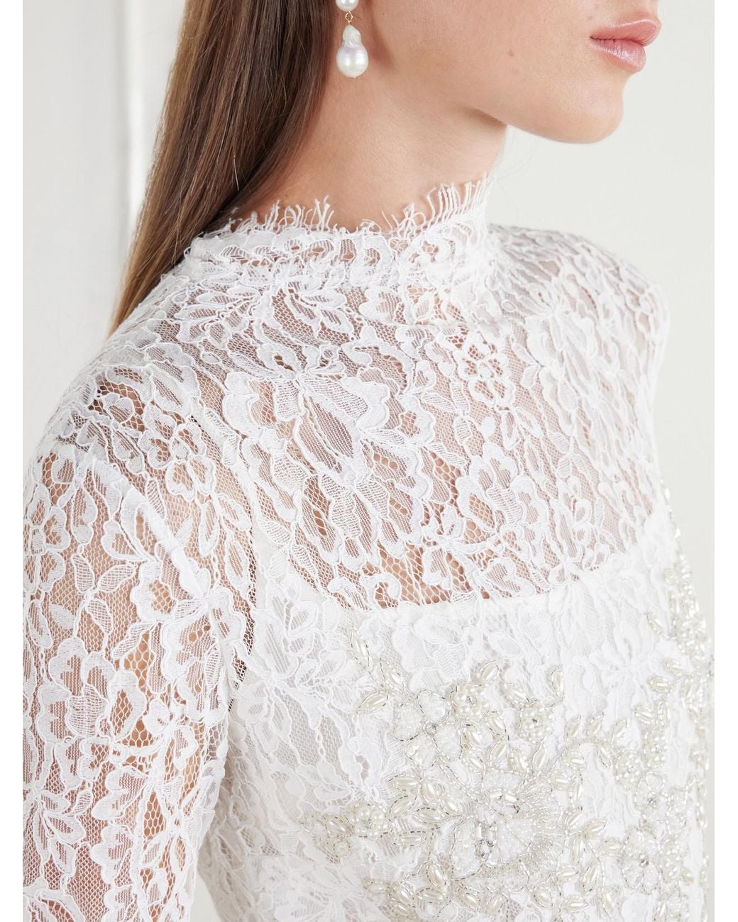 Clio Peppiatt White Sylvia Bead-Embellished Floral-Lace Gown