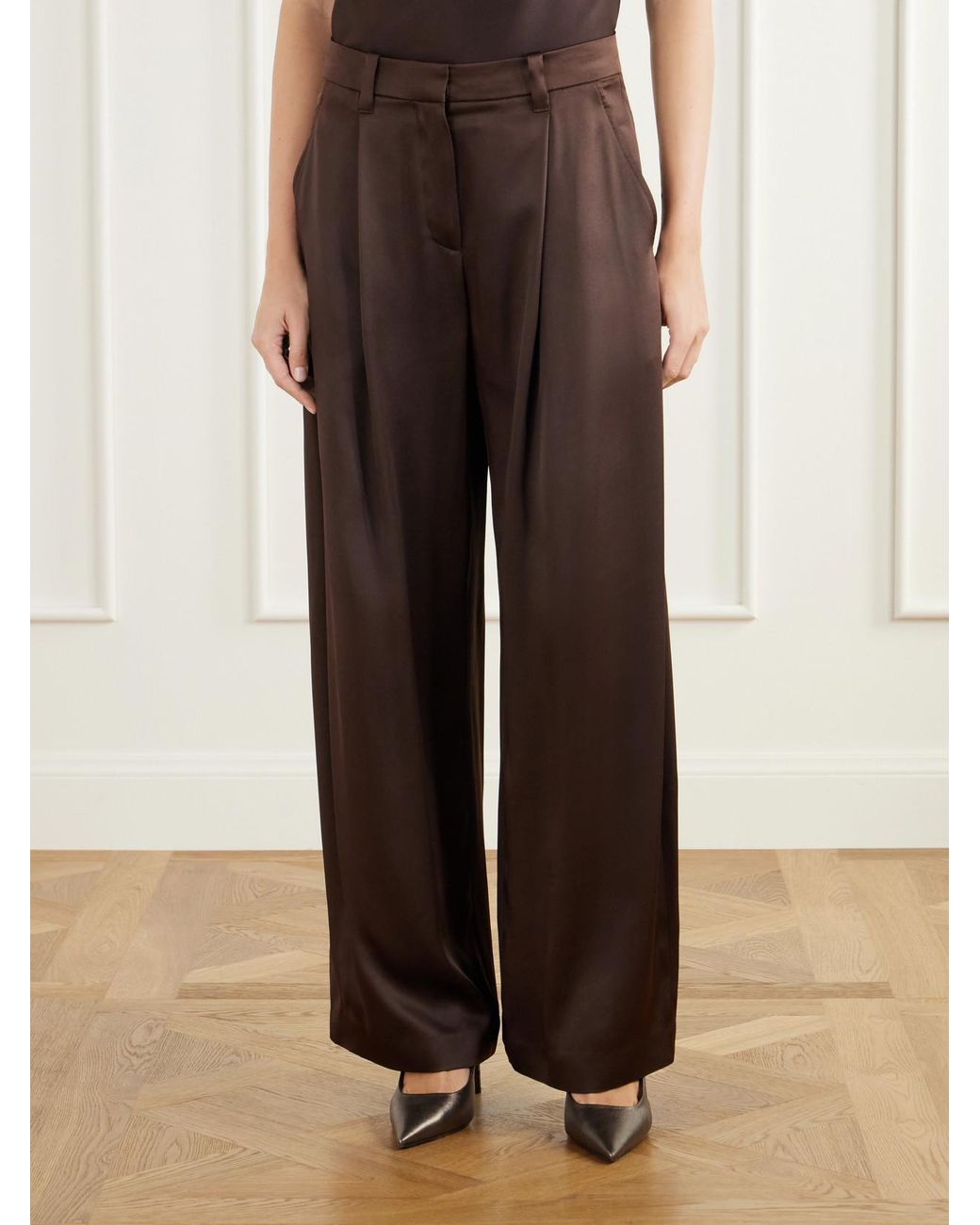 Brunello Cucinelli Brown Silk-Satin Wide-Leg Pants