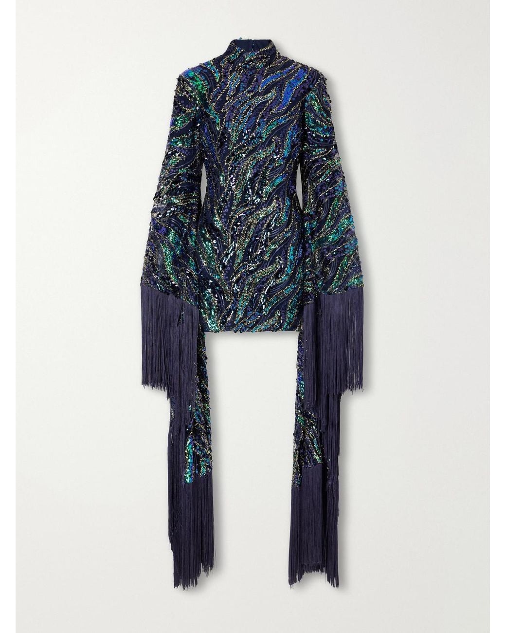 Taller Marmo Blue Disco Dragon Sequin-Embellished Fringe-Trimmed Mesh Mini Dress