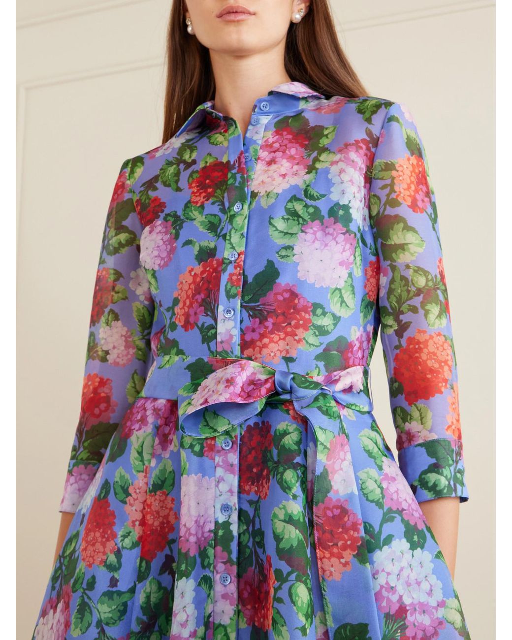 Carolina Herrera Blue Belted Floral-Print Silk-Organza Midi Dress