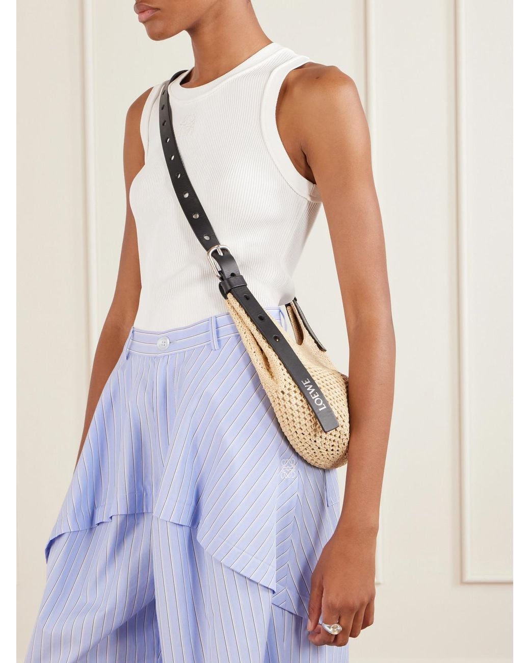 Loewe White Paula's Ibiza Punch Hole Mini Leather-Trimmed Raffia Shoulder Bag