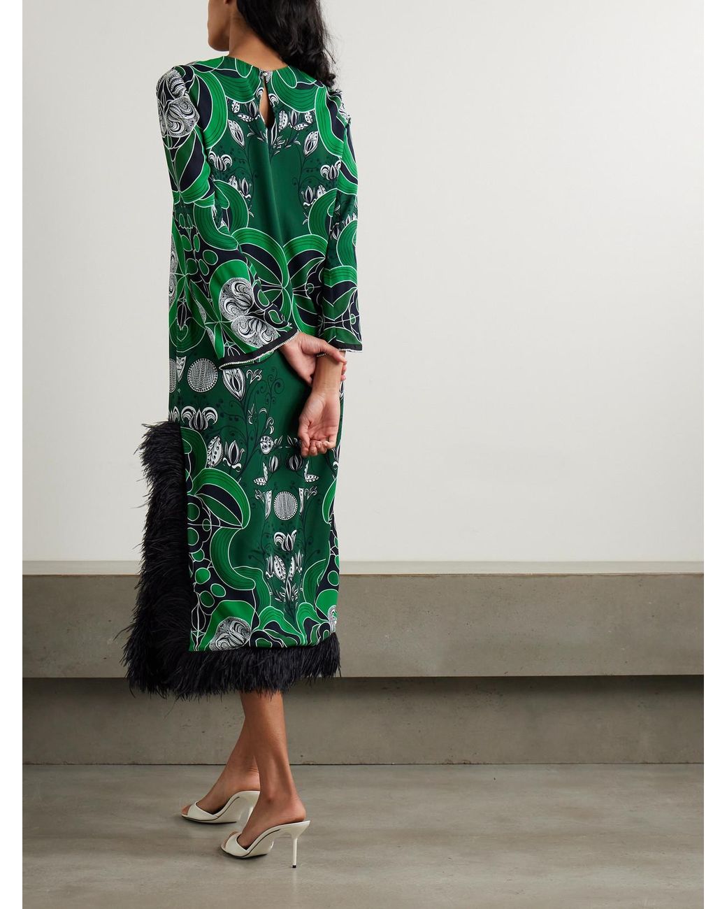 Borgo De Nor Seraphina Crystal-Embellished Feather-Trimmed Printed Crepe De  Chine Midi Dress in Green | Lyst UK