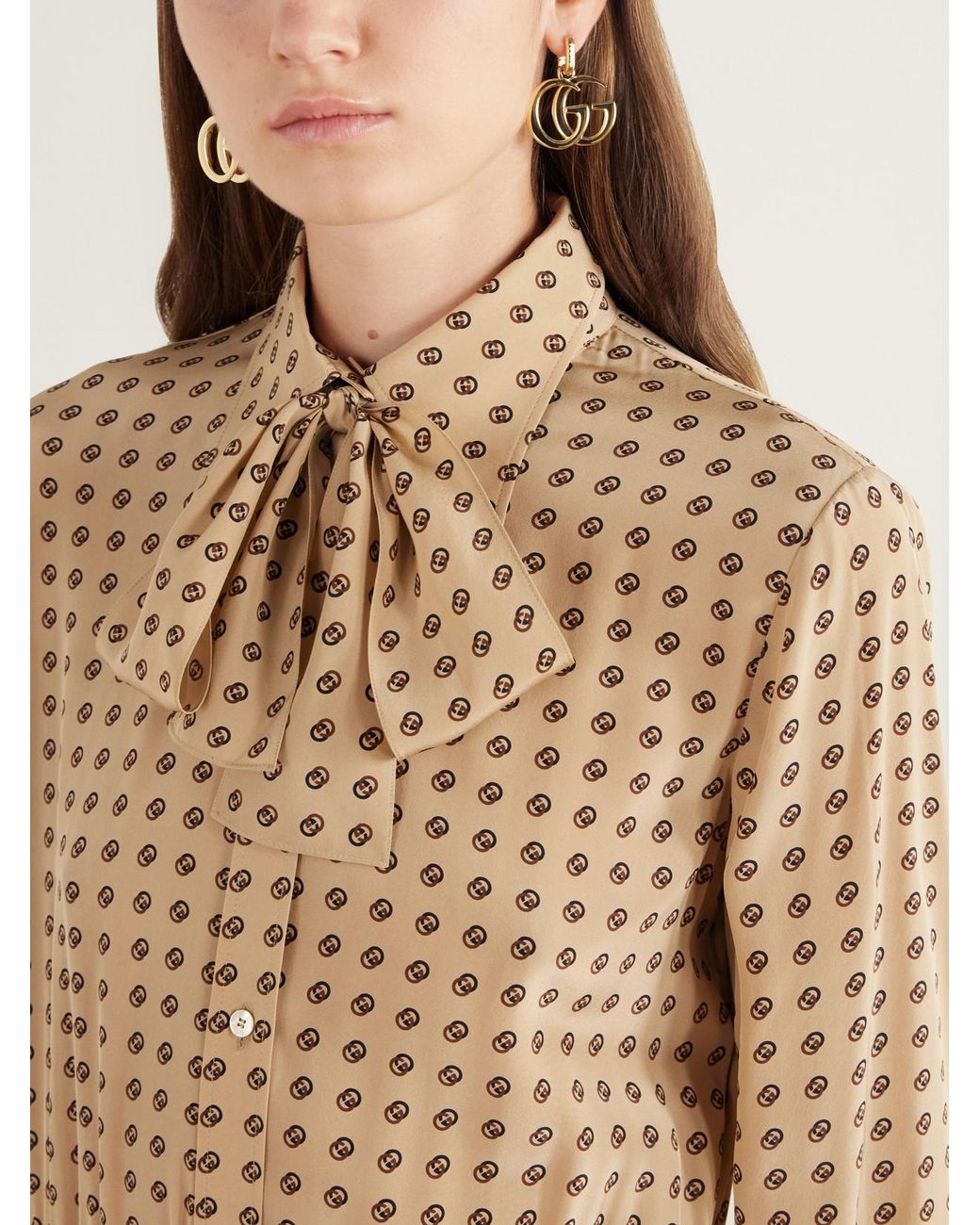 Gucci Natural Pussy-Bow Pleated Logo-Print Silk-Satin Midi Dress