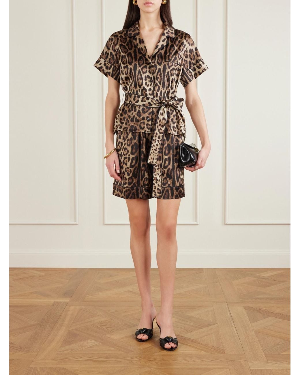 Dolce & Gabbana White Belted Piped Leopard Print Silk-Blend Satin Shirt