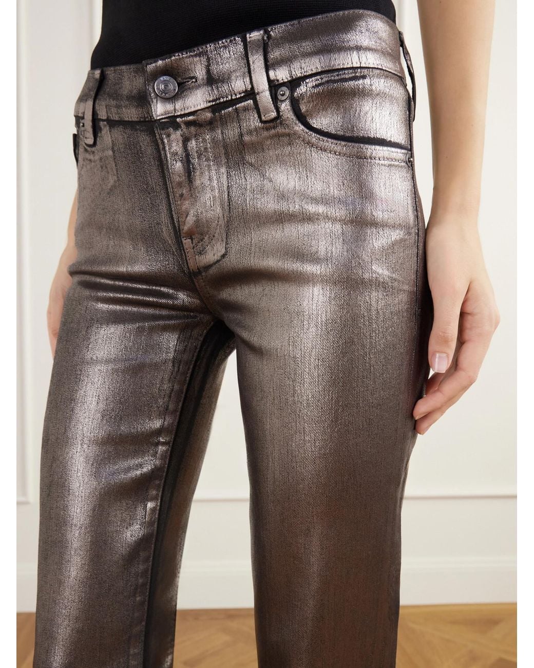FRAME Gray The Coated Rodeo Low-Rise Flared Jeans