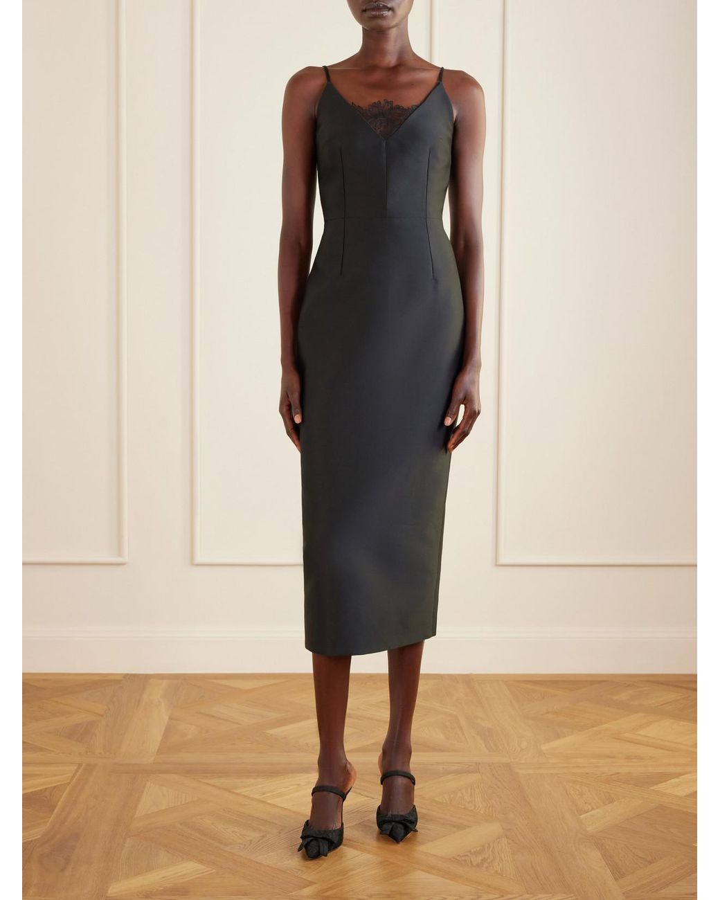 Emilia Wickstead Black Manolo Blahnik Libera Lace-Trimmed Cady Midi Dress