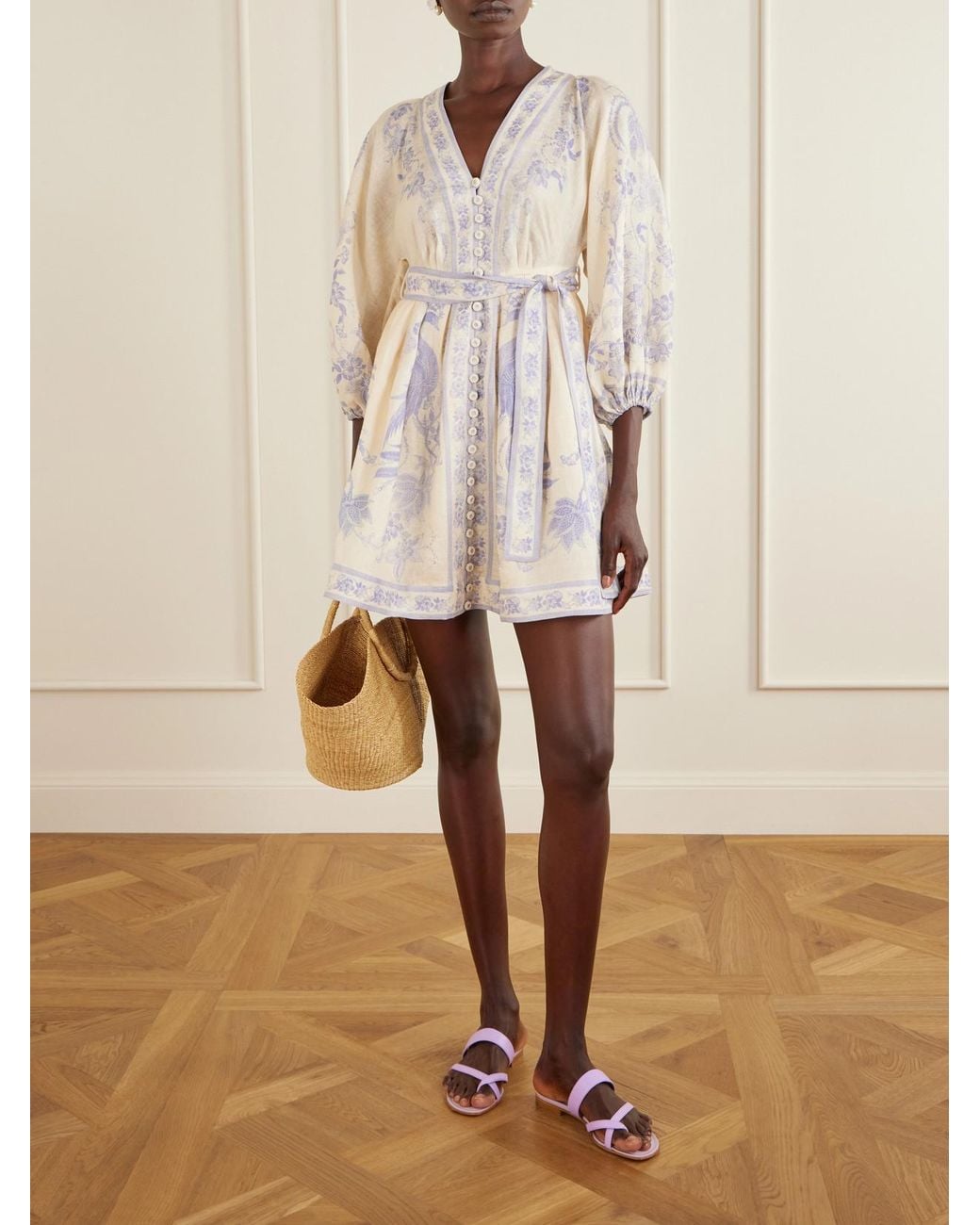 Zimmermann White Indra Belted Floral-Print Linen Mini Dress