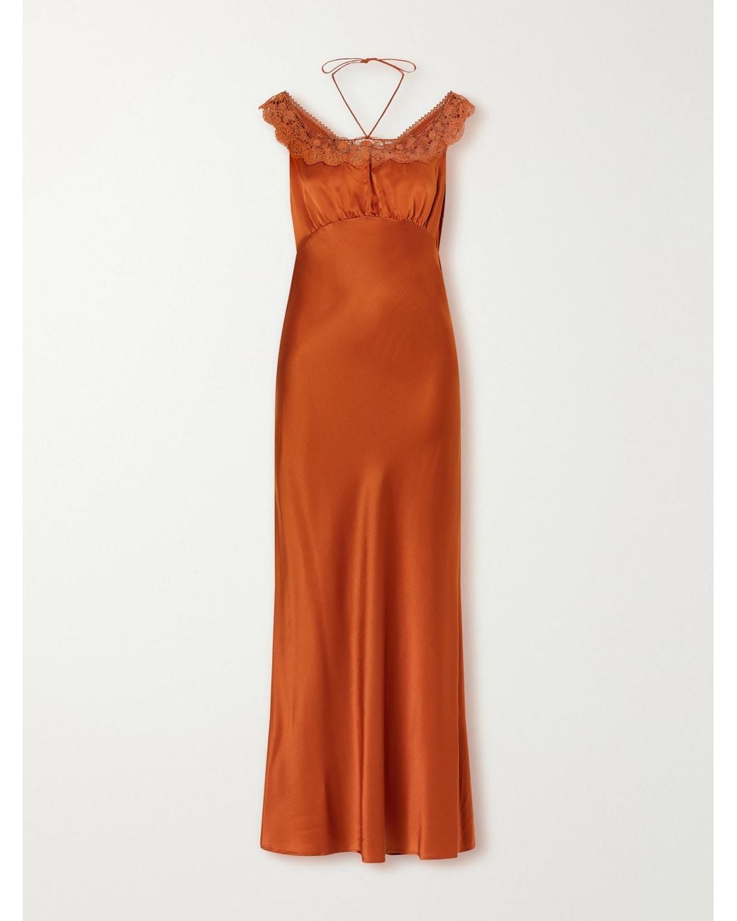 Miguelina Orange Crochet-Trimmed Silk-Blend Charmeuse Halterneck Maxi Dress