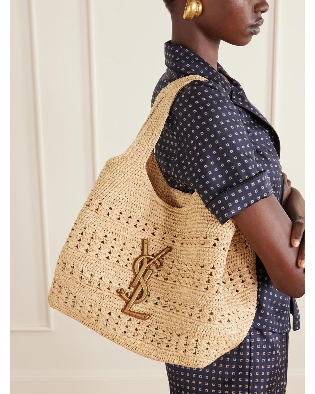 Saint Laurent Natural Icare Medium Logo-Appliquéd Raffia Tote