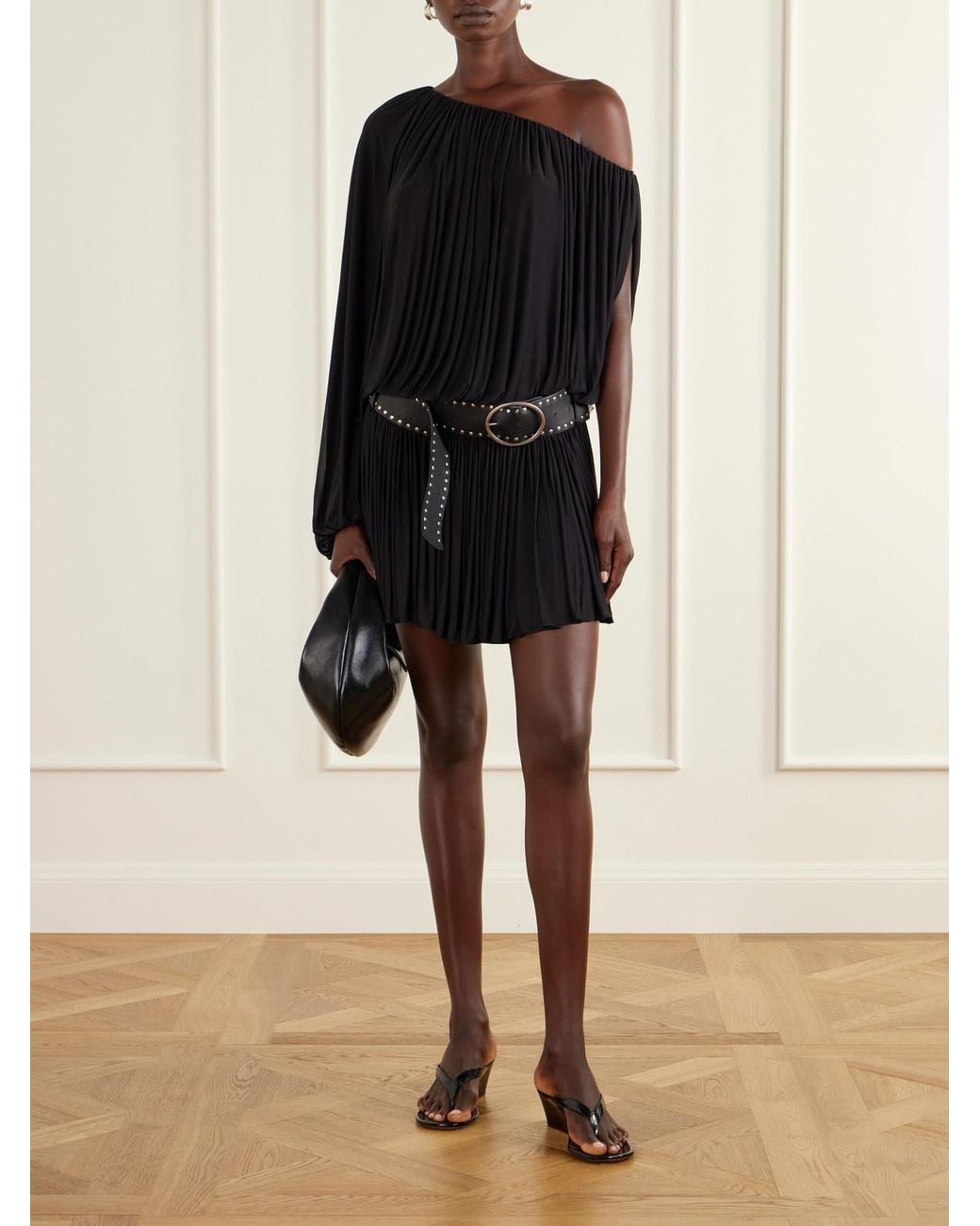 Christopher Esber Black Bayamo Belted One-Shoulder Mesh Mini Dress