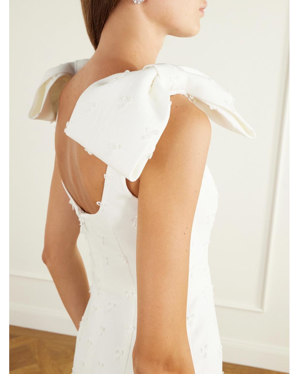 Rebecca Vallance White Mariee Bow-Detailed Embroidered Paneled Crepe Gown