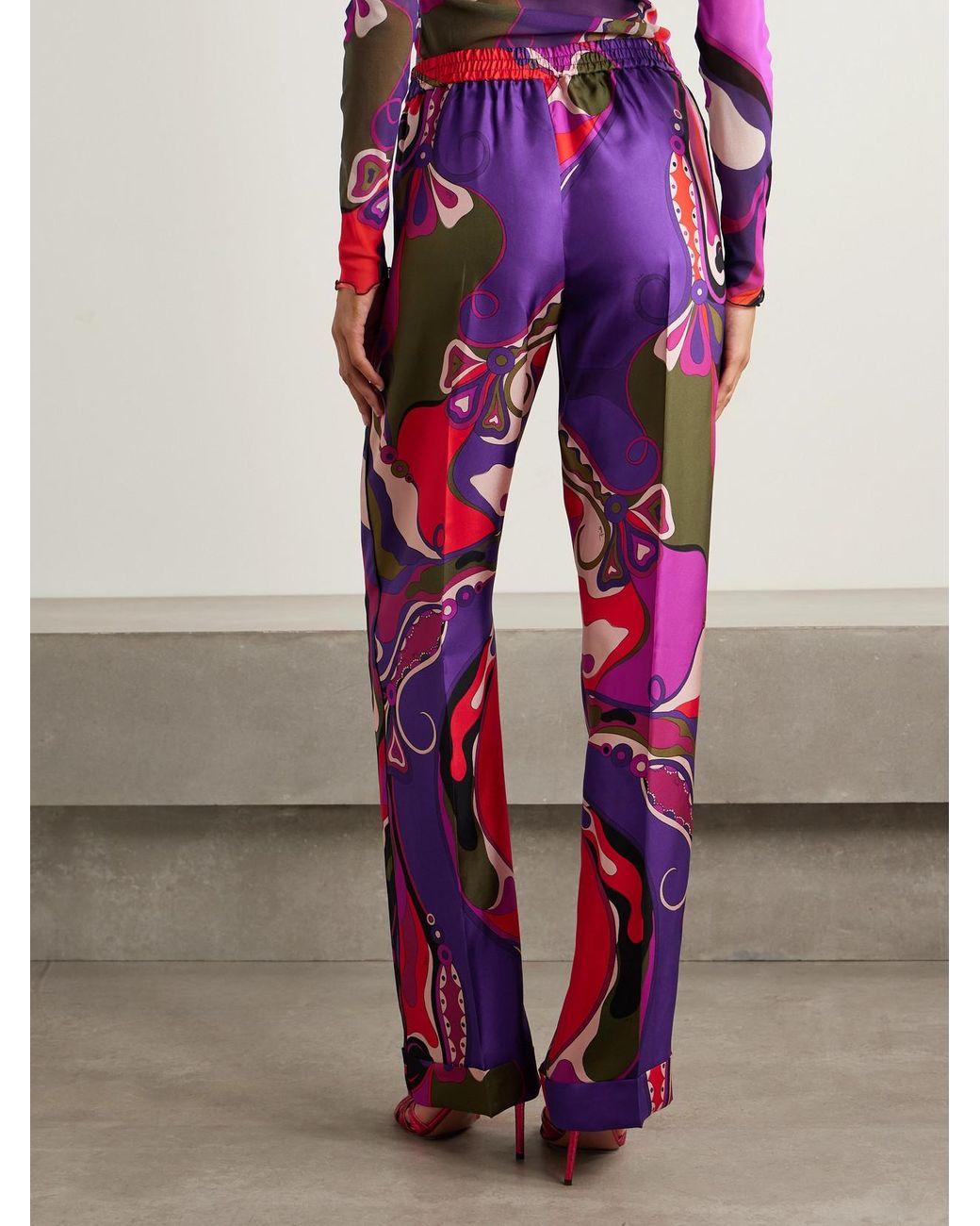 Emilio Pucci Multicolor Orchidee Printed Silk-Twill Straight-Leg Pants