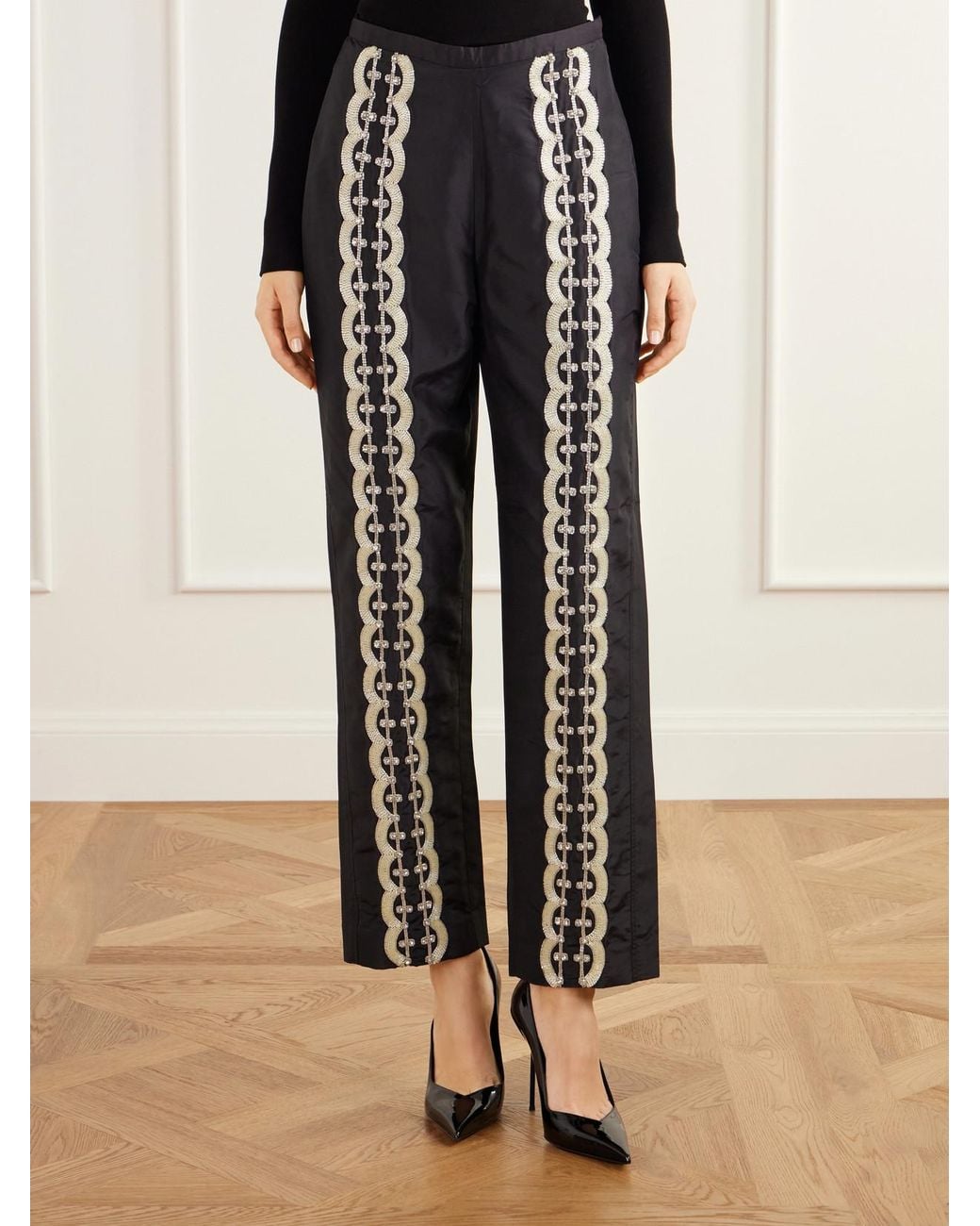 Kallmeyer Black Nadja Embellished Silk Satin Straight-Leg Pants