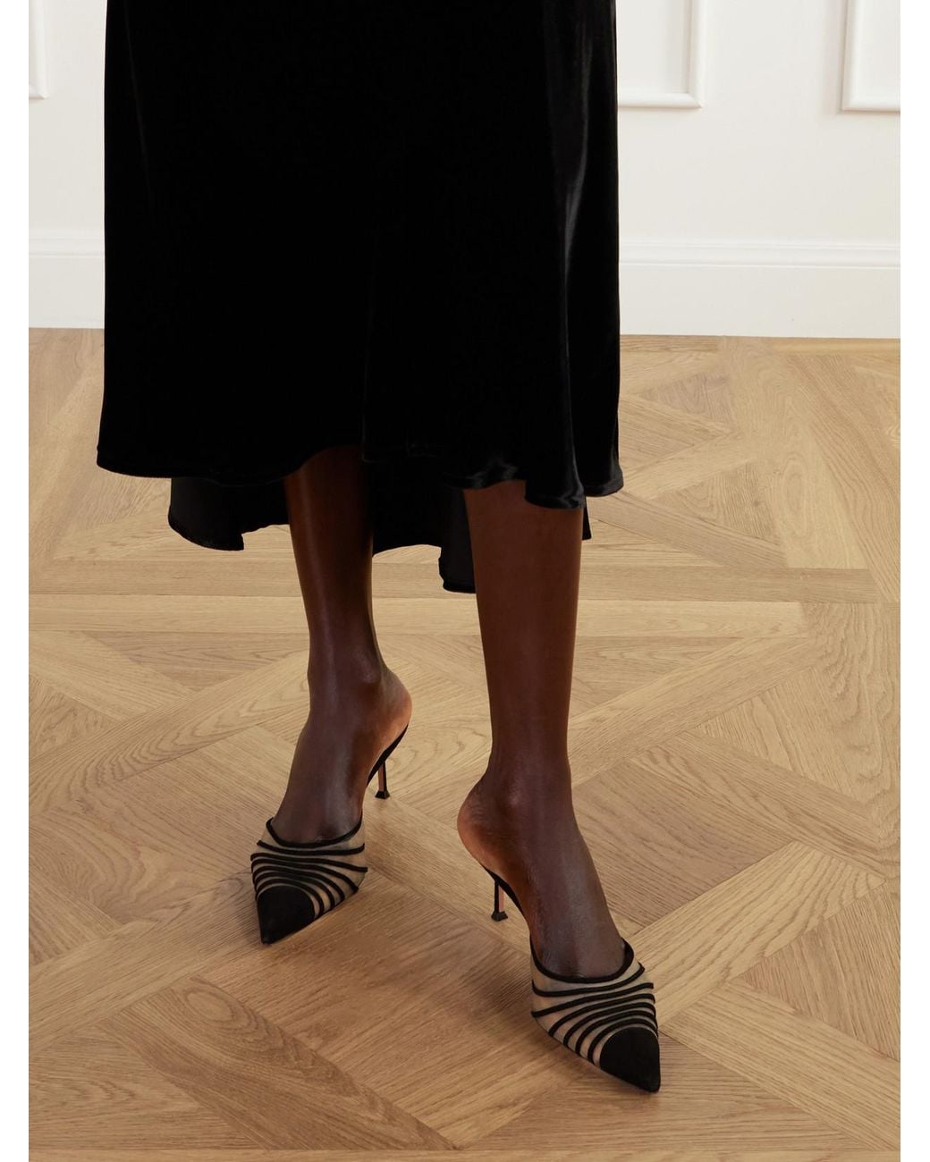 Aquazzura Black Dream Girl 65 Suede-Trimmed Mesh Mules