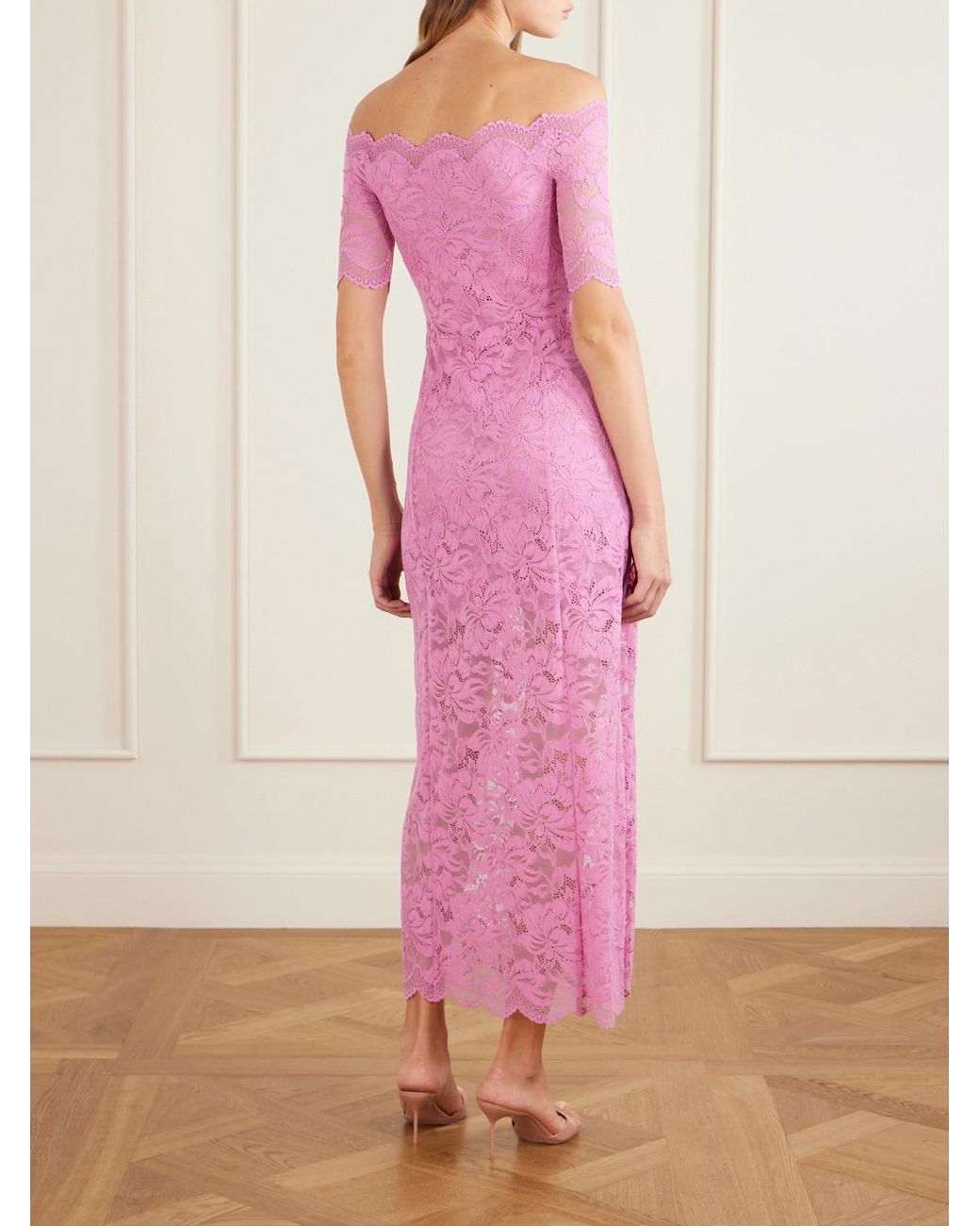 Rabanne Pink Off-The-Shoulder Scalloped Lace Midi Dress