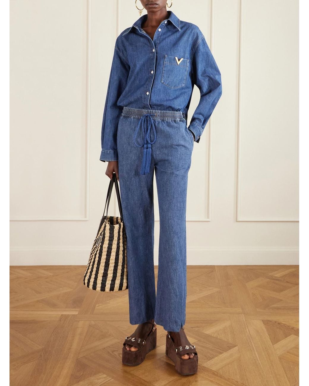 Valentino Garavani Blue Tasseled High-Rise Bootcut Jeans