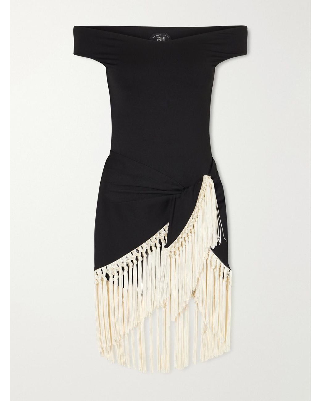 Taller Marmo Black Mini Romy Fringed Off-The-Shoulder Swimsuit