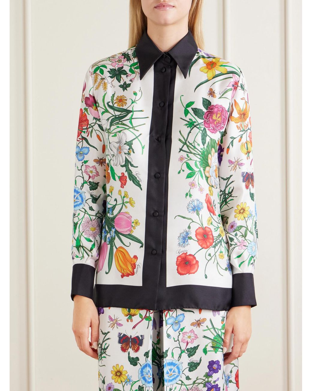 Gucci White Floral Place Printed Silk-Twill Blouse