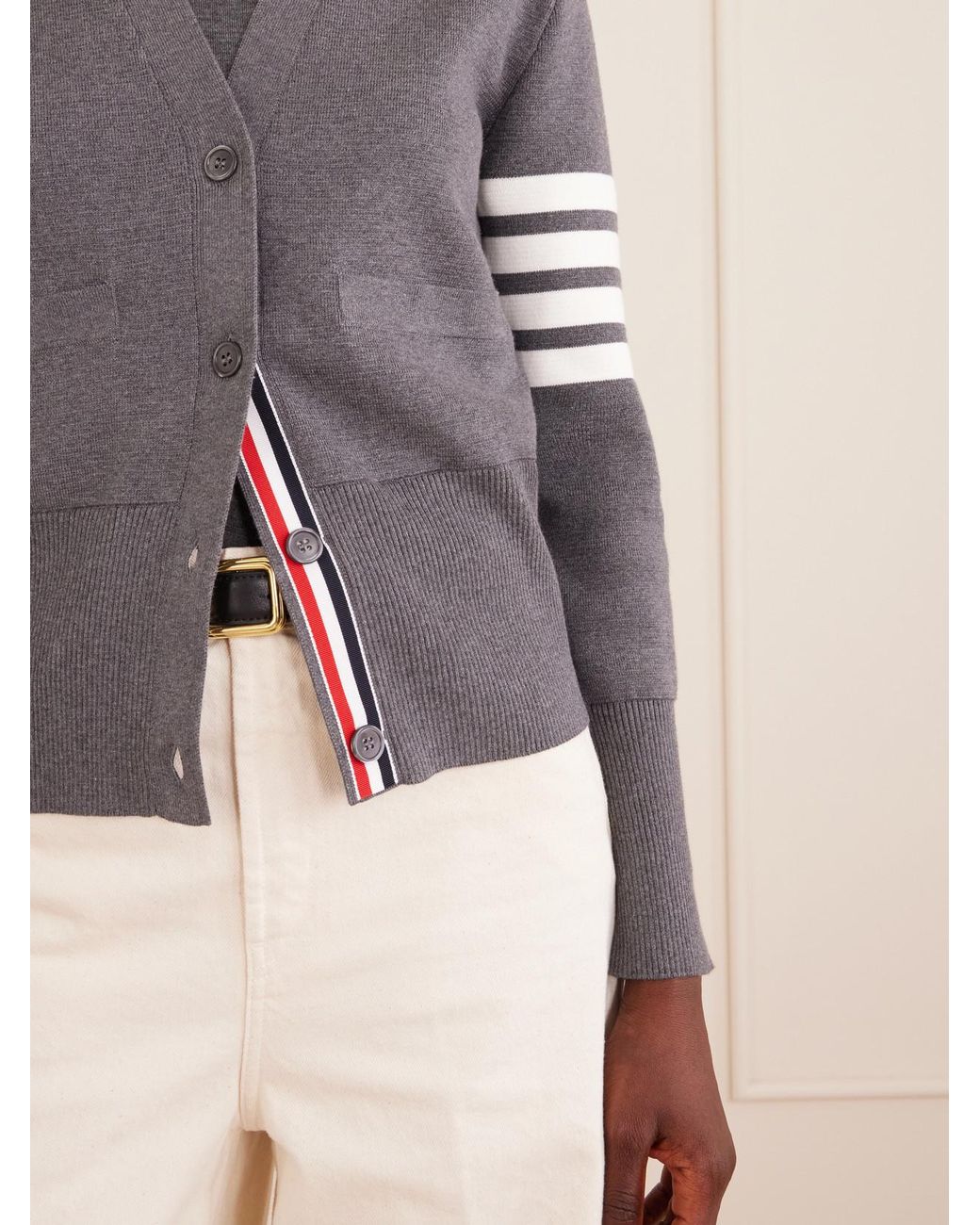 Thom Browne Gray Grosgrain-Trimmed Striped Cotton Cardigan