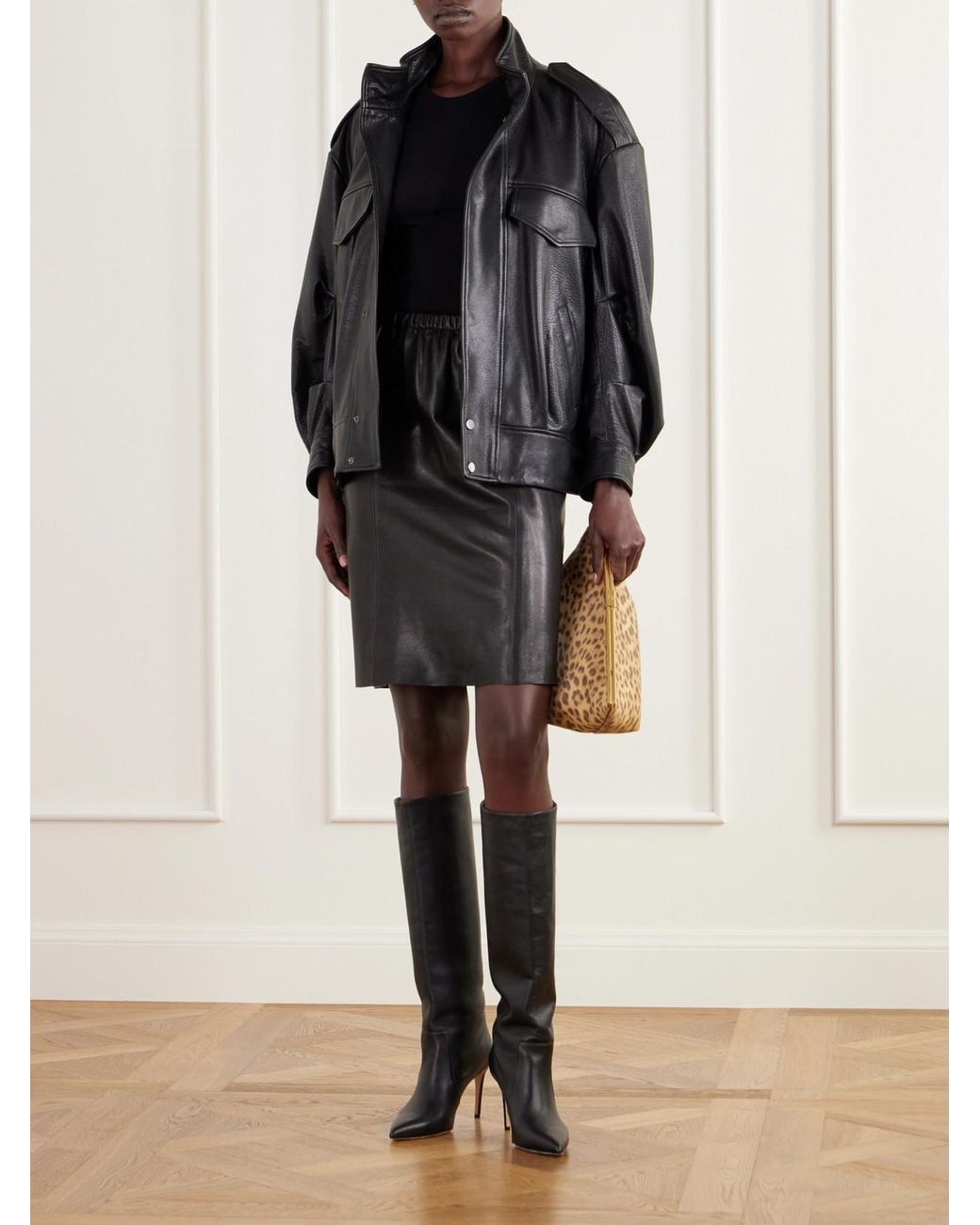 Nour Hammour Black Sabella Paneled Leather Midi Skirt
