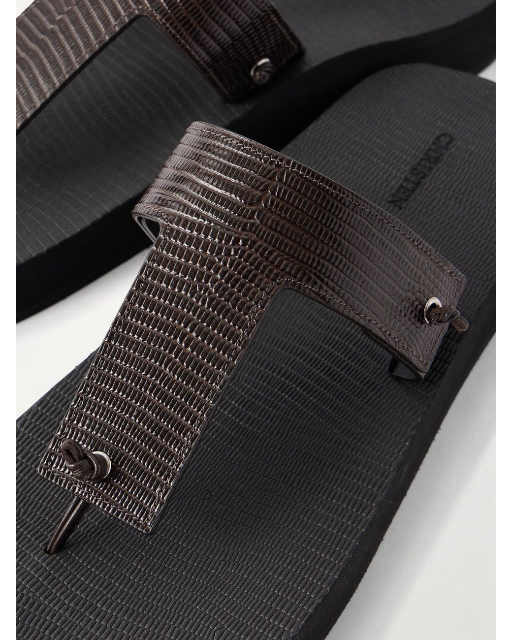 Christen Brown Edge Lizard-Effect Leather Flip Flops