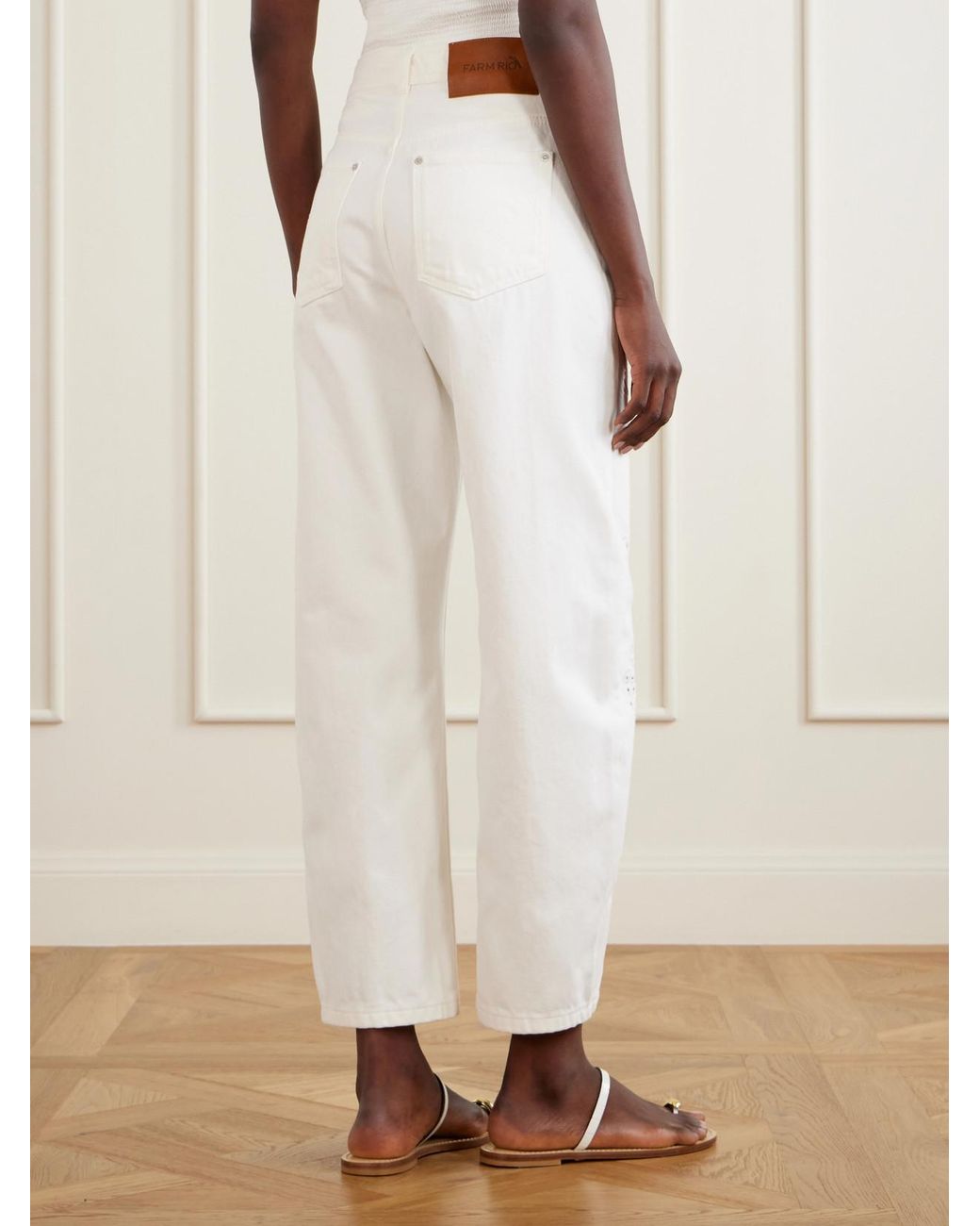 Farm Rio White Richelieu Broderie Anglaise-Trimmed Mid-Rise Straight-Leg Jeans