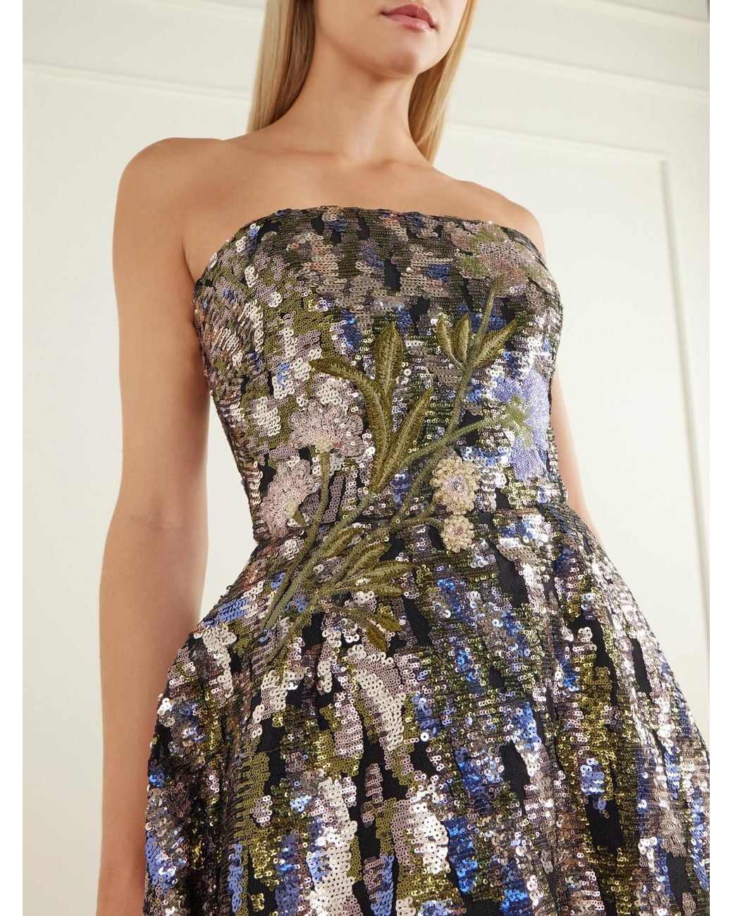 Elie Saab White Strapless Embroidered Sequined Tulle Gown