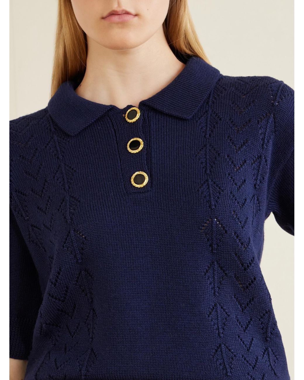 Alessandra Rich Blue Open-Knit Wool Polo Shirt