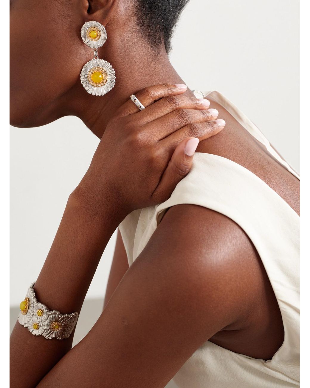 Buccellati Metallic Daisy-Plated Sterling, Agate And Diamond Earrings