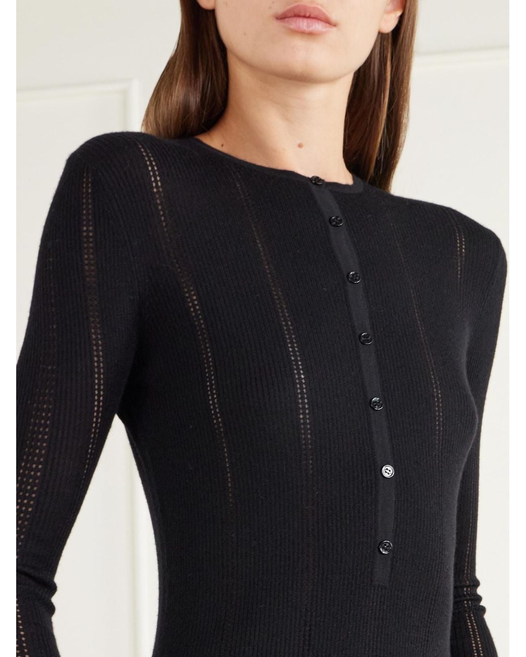 Gabriela Hearst Black Olea Ribbed Pointelle-Knit Wool Henley Top