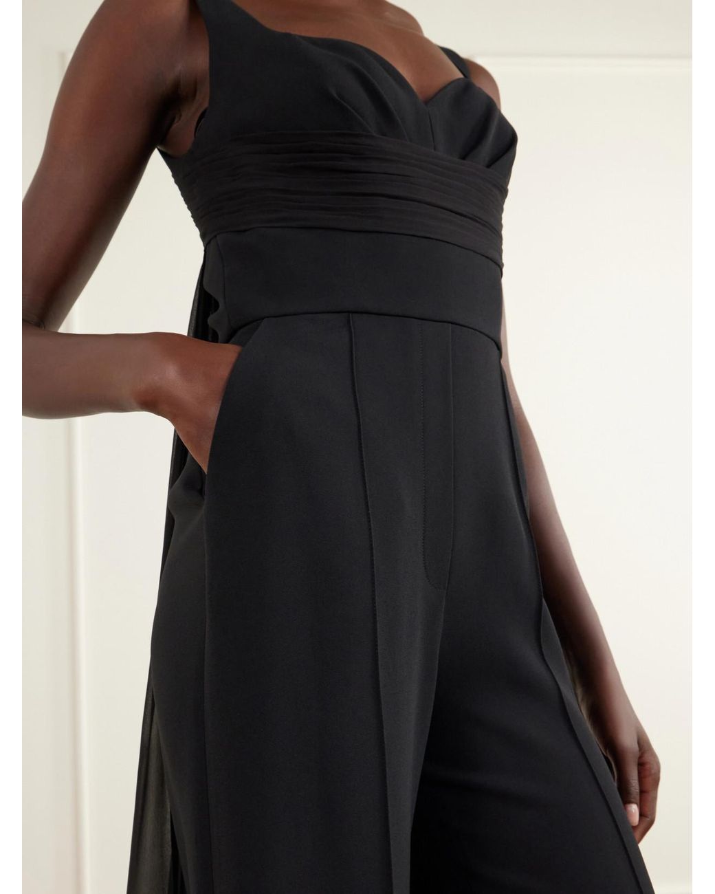 Elie Saab Black Ruched Chiffon-Trimmed Silk-Blend Cady Jumpsuit