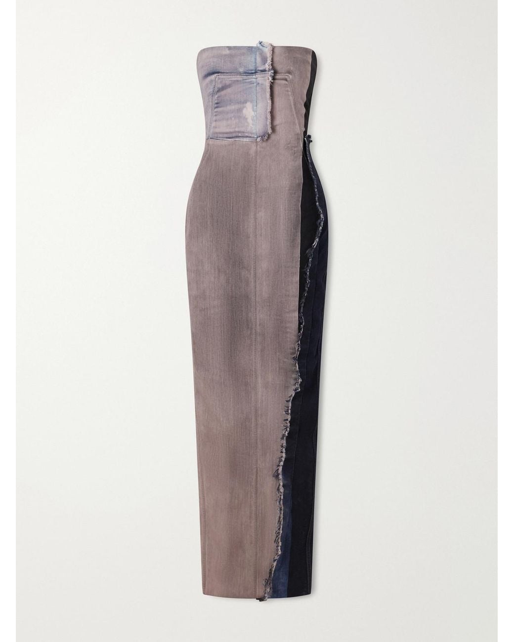 Rick Owens White Distressed Paneled Stretch-Denim Maxi Dress
