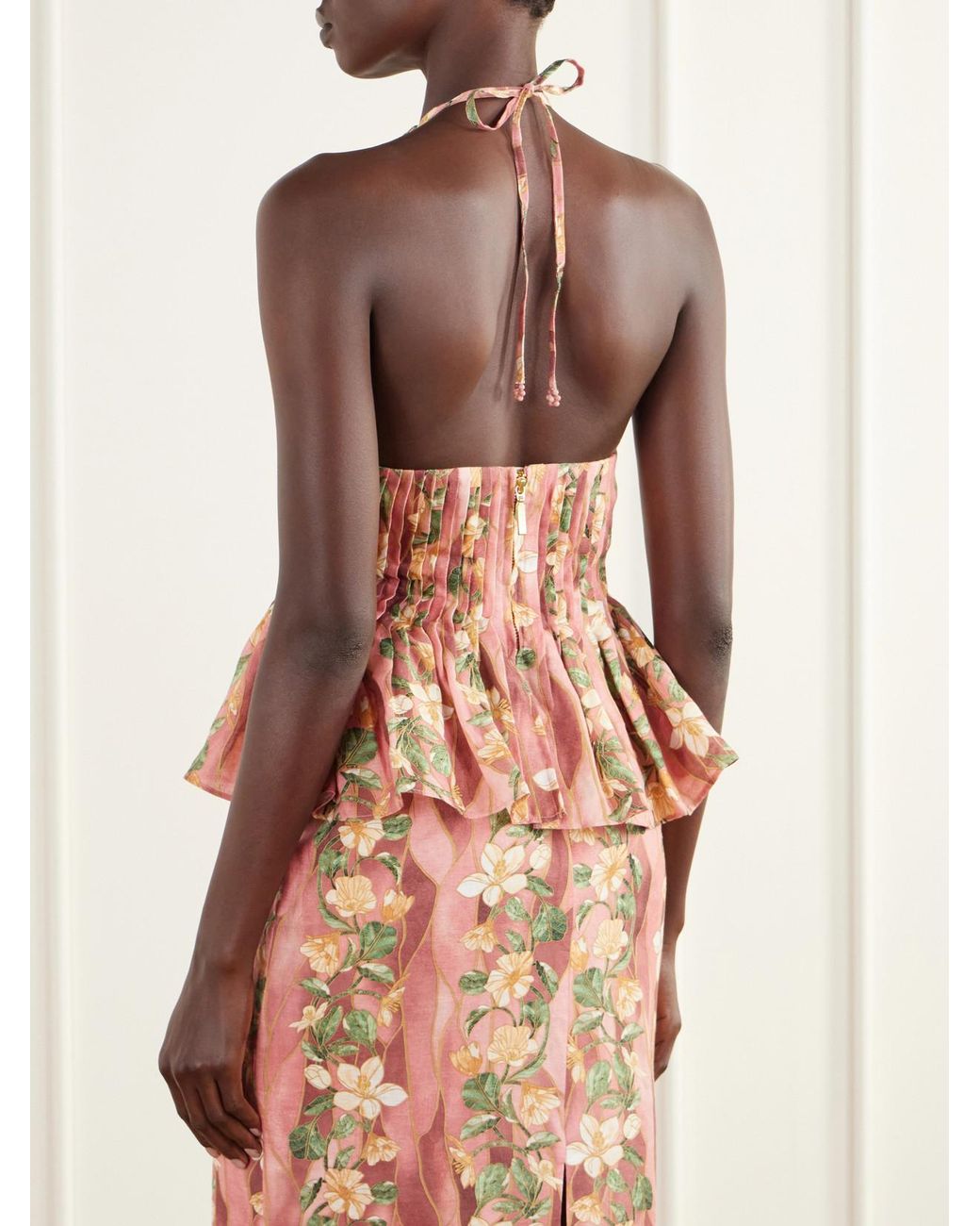 Agua Bendita Pink Caña Pleated Floral-Print Linen-Woven Halterneck Blouse