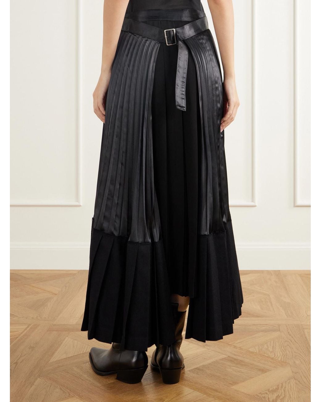 Junya Watanabe Black Layered Pleated Wool-Blend Flannel And Satin Maxi Skirt