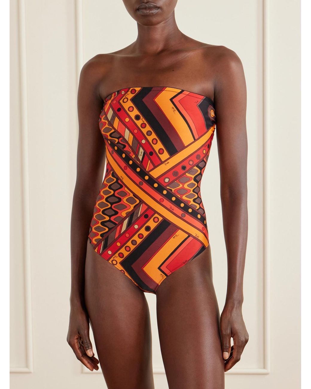 Emilio Pucci Orange Printed Strapless Swimsuit