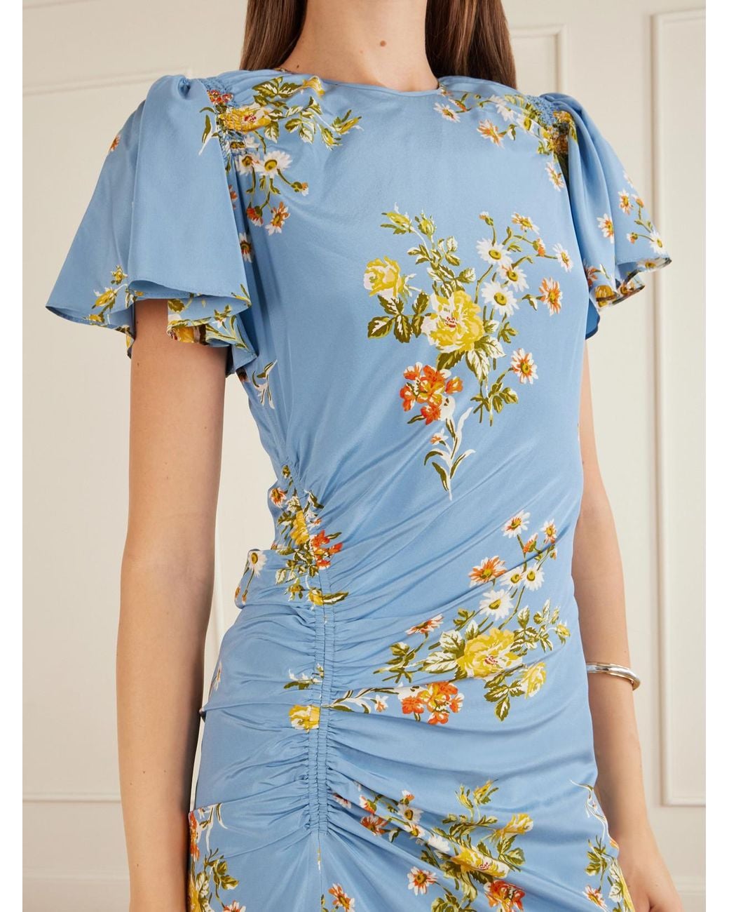 Veronica Beard Blue Huntleigh Gathered Floral-Print Silk-Blend Satin Midi Dress