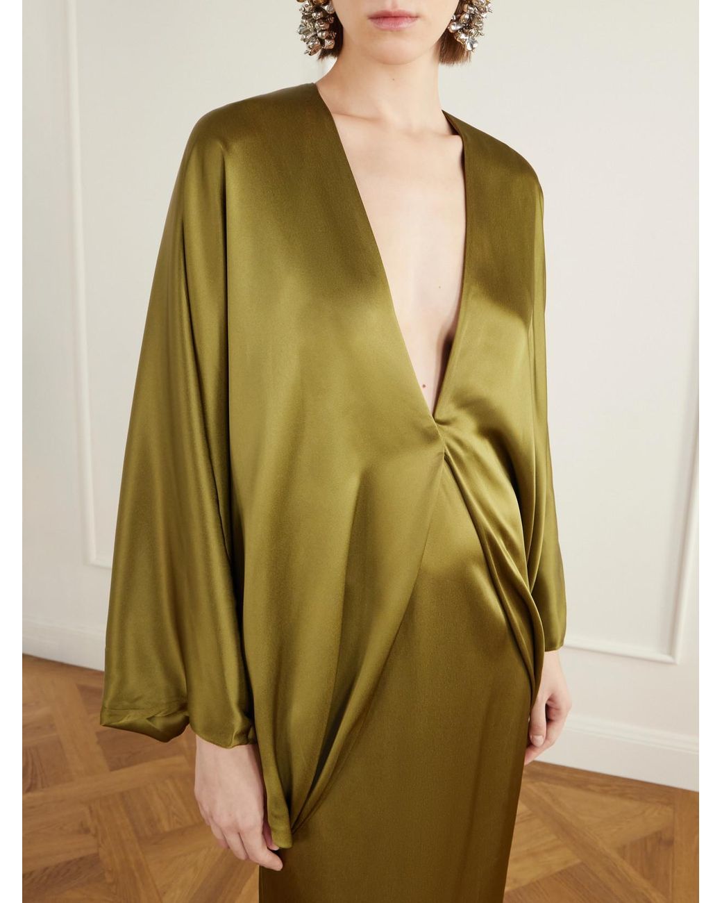 Taller Marmo Green Butterfly Draped Satin Gown
