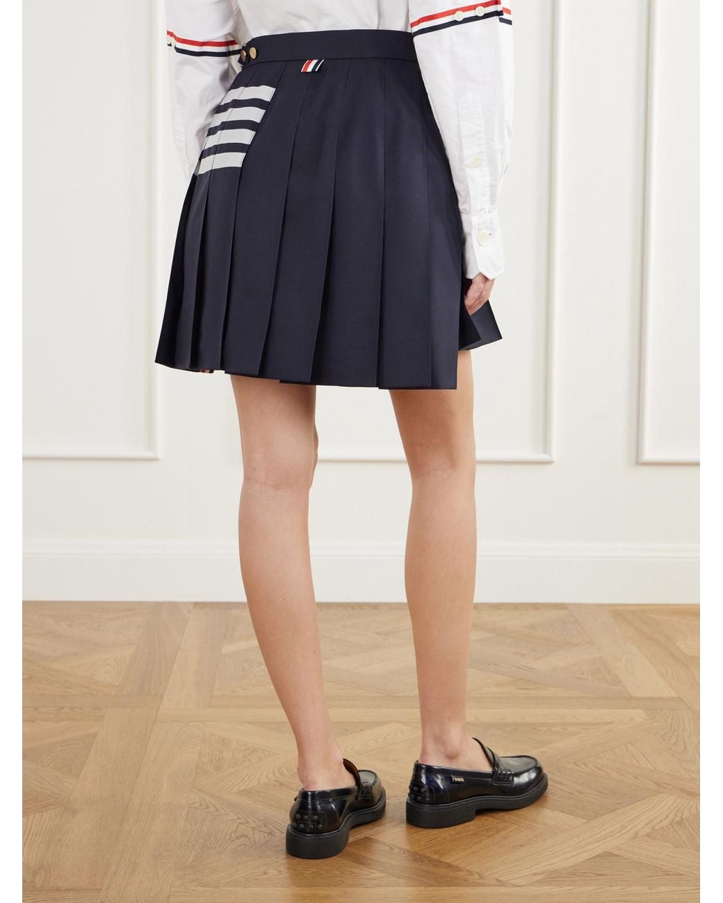Thom Browne Blue Pleated Asymmetric Grosgrain-Trimmed Wool-Gabardine Mini Skirt